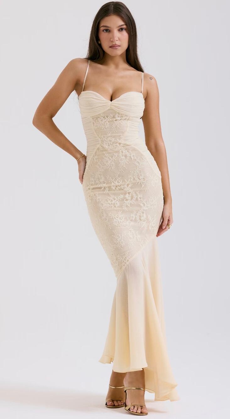 House of CB Felicia Vanilla Chiffon & Lace Gown Soft Cream Size XS
